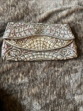 Beaded Ivory & Pink Floral Evening Clutch Made in France 🇫🇷